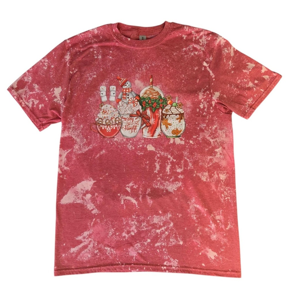Christmas Cocoa Snowman Gingerbread‎ Gildan Softstyle Bleached Graphic T-Shirt L